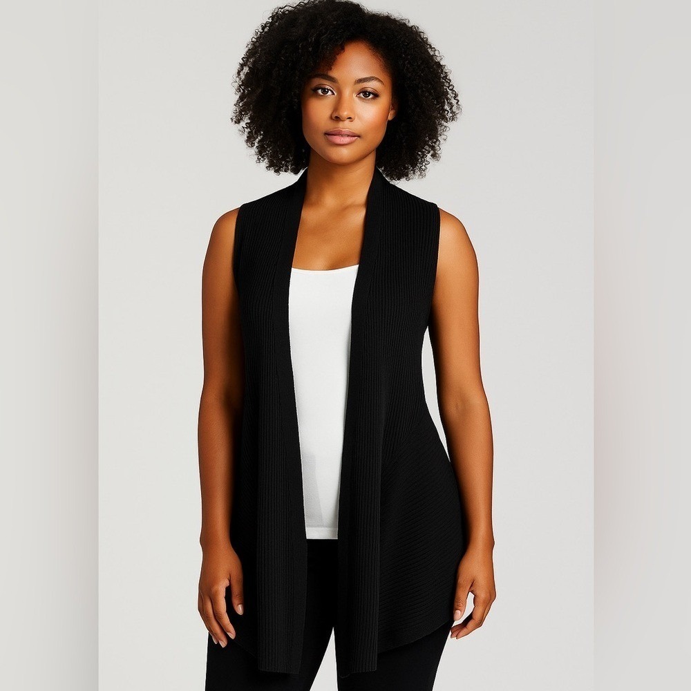Eileen Fisher Open Front Long Extra Fine Merino Wool Black‎ Sweater Vest Small